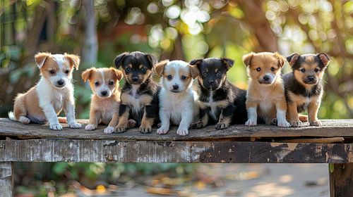 group photo puppies dogs outside