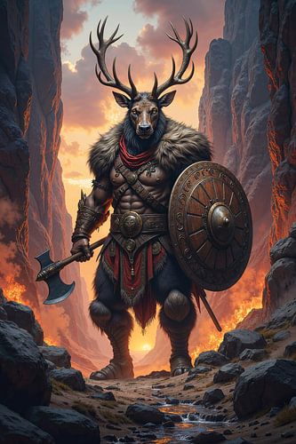 Fantasy Gothic Wall Art: DEER – The epic warrior in the burning mountains