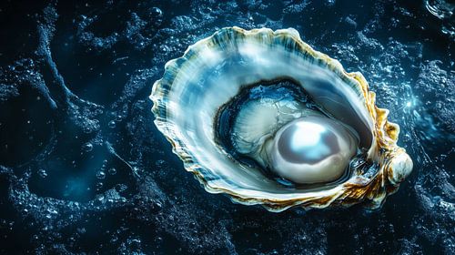 Oyster with Pearl Against Dark Aquatic Background