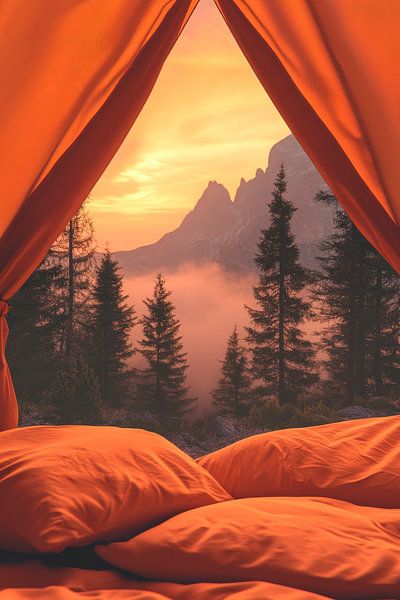 Zeltansicht mit Sonnenuntergang und Bergen von Poster Art Shop