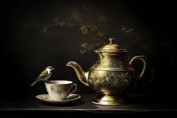 Still life: Bird on cup and saucer next to copper teapot by Studio Pieternel
