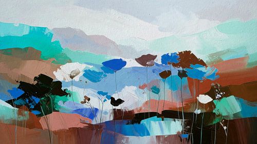 Moderne Abstraktion. Panoramalandschaft in Blau- und Erdtönen