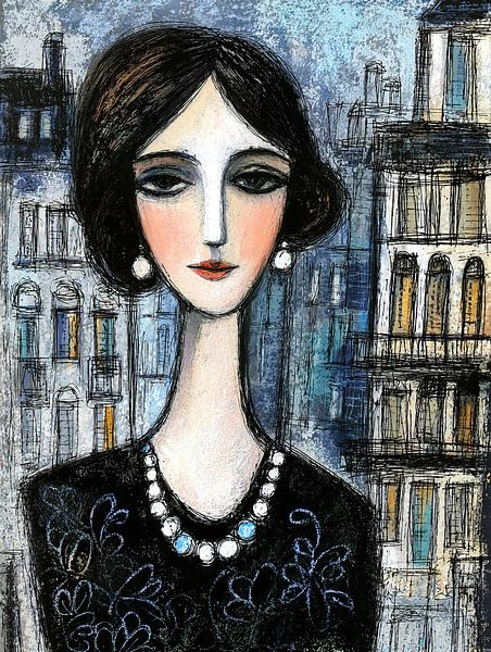 Vrouw met ketting van Abstract Schilderij