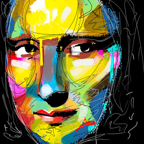 Abstract Neon Portrait against a Black Background – Modern Pop Art Painting: Mona Lisa