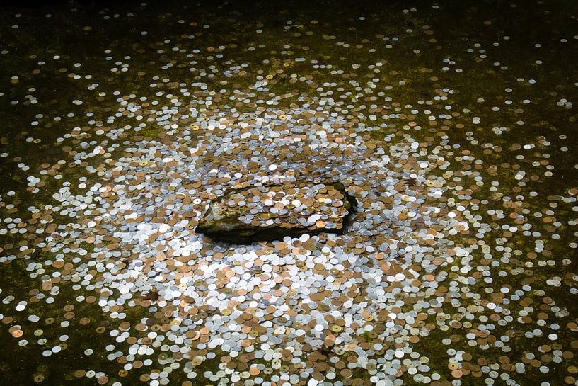 Pièces de monnaie dans un étang près d'un temple japonais par Marcel Alsemgeest