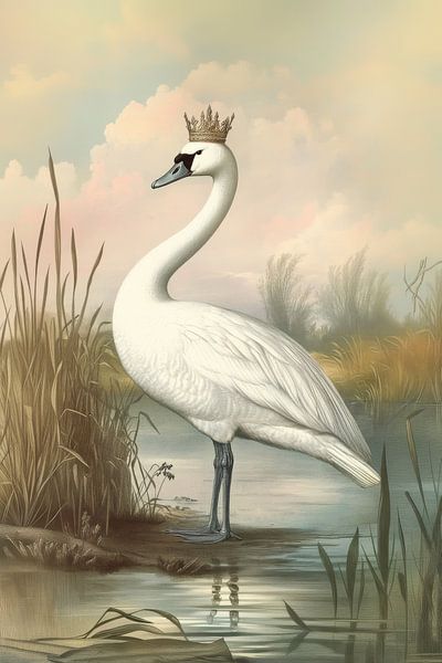 Swan with Crown Timeless Grace on the Waterfront by Eva Lee