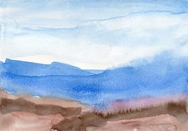 Modern abstract watercolor landscape. Blue, terra, purple by Dina Dankers