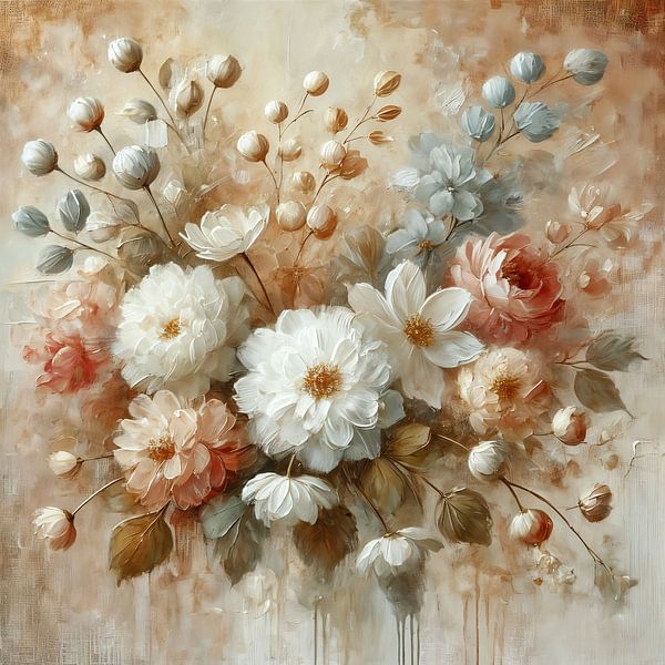 Flower Still Life with White and Peach Roses - Romantic Still Life by Kleurenrijk