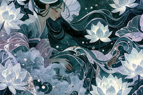 „Serene Lotusdroom“ – Japanische Eleganz in tiefem Indigo