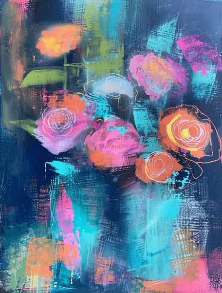 Superbunte abstrakte Blumen in Blau und Rosa von Studio Allee