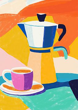 Colourful coffee pot - Matisse-inspired illustration with cup