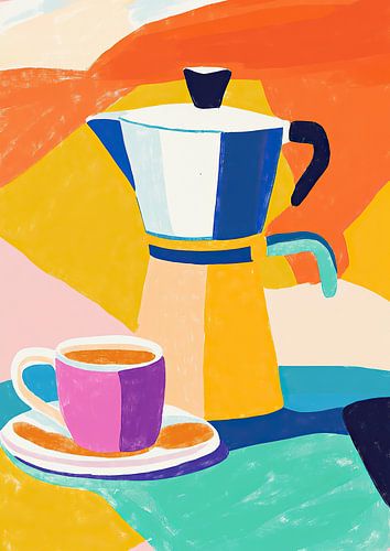 Kleurrijke koffiepot - op Matisse geïnspireerde illustratie met kopje