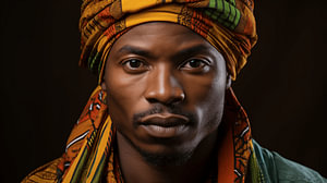 Porträt eines afrikanischen Mannes mit buntem Kopftuch auf schwarzen Hintergrund