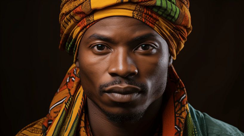 Portret van een Afrikaanse man met een kleurrijke hoofddoek op een zwarte achtergrond van Animaflora PicsStock