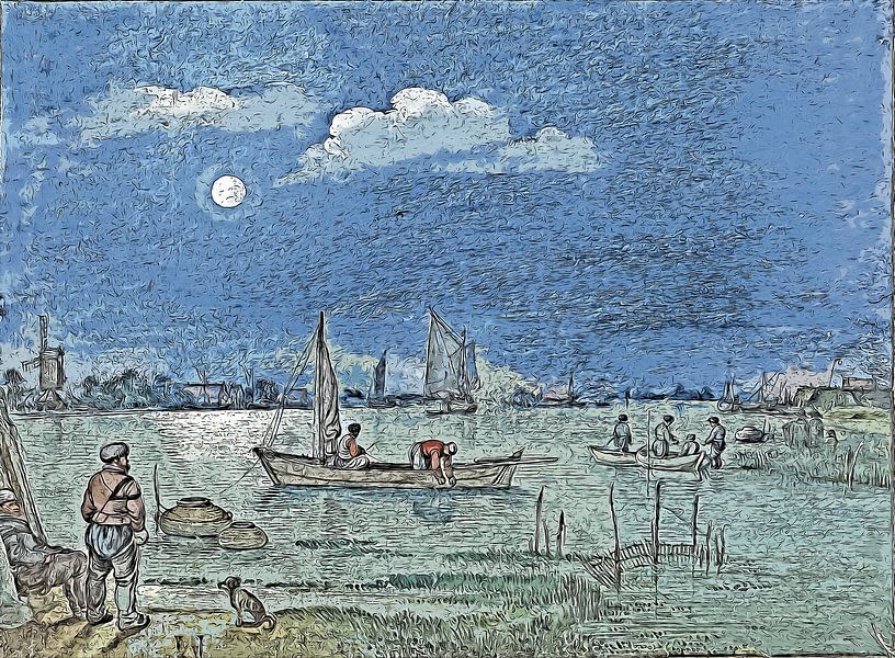 Pêcheurs au clair de lune dans un style cartoon par Classics Remastered.nl