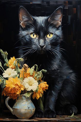 Zwarte kat met bloemen in schilderachtige stijl