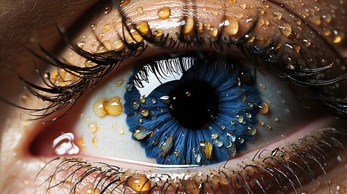 Oog van de Wereld Vrouw Blauw Oog met Iris en Waterdruppels Art Design