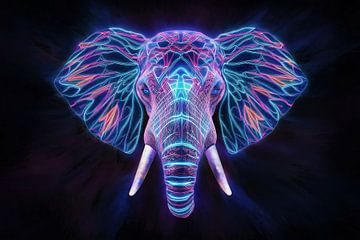 Neon holografische olifant met futuristische kleuren van De Muurdecoratie