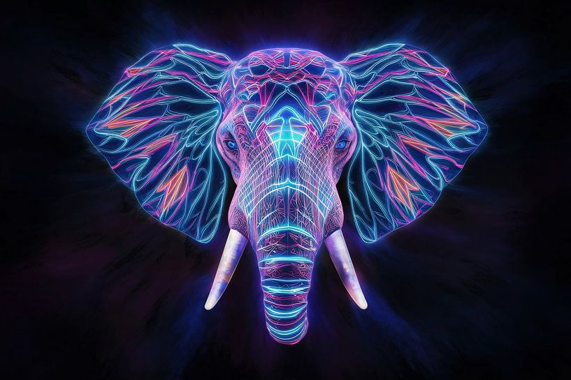 Neonholografischer Elefant mit futuristischen Farben von Art & Soul Creations