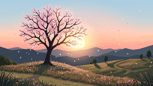 Kirschblüten bei Sonnenuntergang – Eine friedliche Pixelkunst-Landschaft