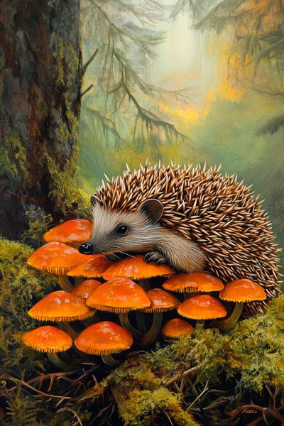 Hedgehogs and mushrooms by Poster Art Shop