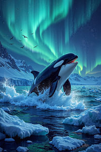 Fantasy Art Wandbild: GLACIORYX – Ein Orca Wal im ewigen Eis unter dem Polarlicht
