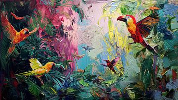 Bunte Malerei Dschungel mit Papageien von Surreal Media