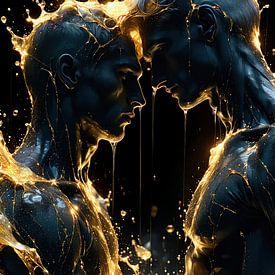 Under golden rain: Two bodies head to head in silent devotion - intimacy, sensuality and transformation between light, skin and liquid gold by AidasignArt