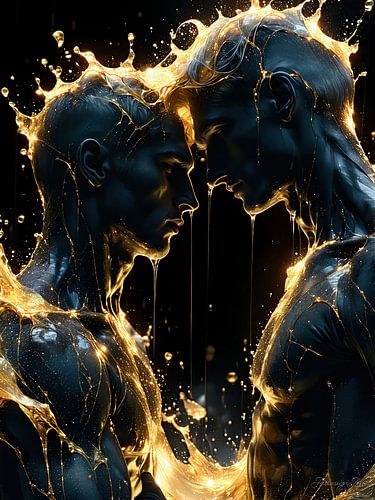 Sous une pluie d'or : Deux corps au coude à coude dans un abandon silencieux - Intimité, sensualité et transformation entre lumière, peau et or liquide