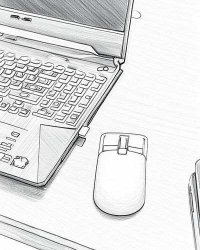 Minimalistischer digitaler Arbeitsbereich mit Laptop und Maus