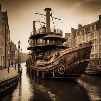 Steampunk boat on the canal