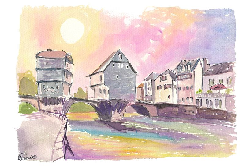 Bad Kreuznach Duitsland met oude Nahe brug huizen in het warme zonlicht van Markus Bleichner