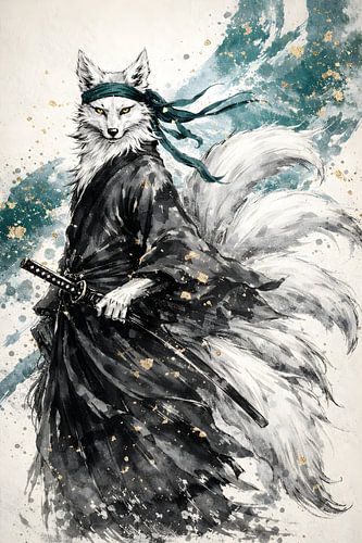Kitsune – Neunschwänziger Fuchs – Samurai – Tuschezeichnung