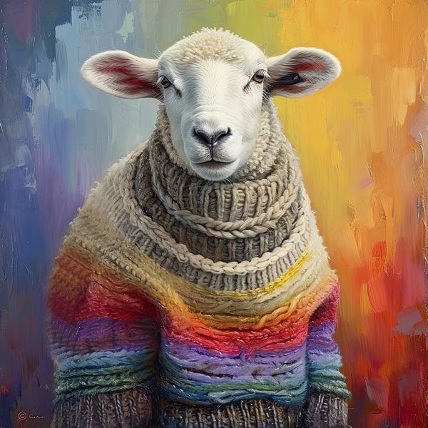 Sheep in creative wool rainbow jumper by Vlindertuin-Art