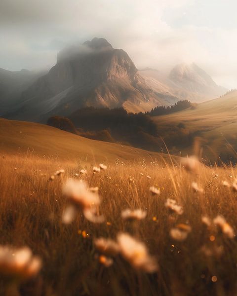 Magische bergen boven een zee van bloemen van fernlichtsicht