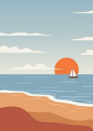 Minimalistische, platte vectorillustraties met een warme, kustachtige sfeer bij zonsopgang