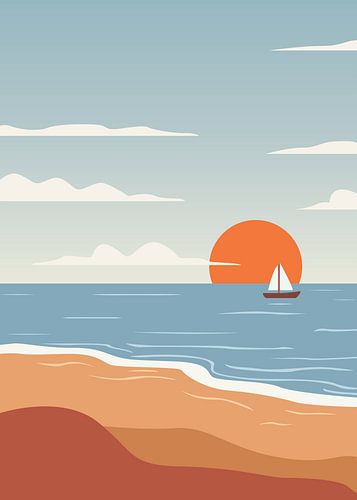 Ambiance minimaliste, plage, vecteur plat, côte, lever de soleil