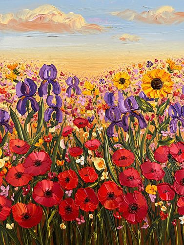 Levendig olieverfschilderij met bloemenweide in impasto-stijl