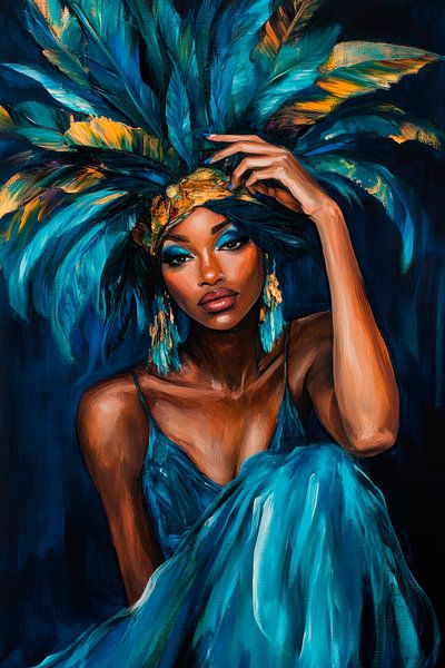 Elegante Frau in Blau mit Federn von Poster Art Shop