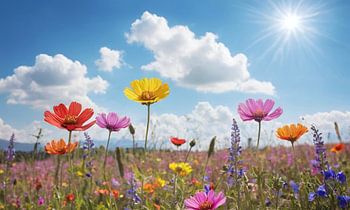 Un champ de fleurs avec un ciel bleu en arrière-plan