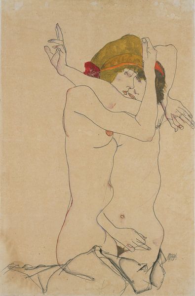 Zwei sich umarmende Frauen, Egon Schiele von Meisterhafte Meister