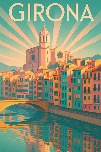 Girona Cathedral Glow – Retro Travel Wall Art