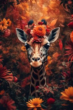 Giraffe surrounded by flowers