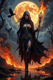 Dark Fantasy Wall Art & Poster: MORVENA – The Wandering Sorceress in the Darkness by INFERAURUM - Dark Fantasy Wall Art & Poster