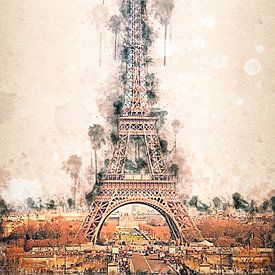 Digitale aquarel tekening van de Eiffeltoren in Parijs van John van den Heuvel