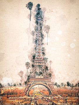 Digitale aquarel tekening van de Eiffeltoren in Parijs van John van den Heuvel