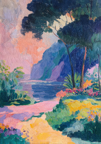 A coastal landscape in vibrant colours with a Mediterranean feel by Niklas Maximilian