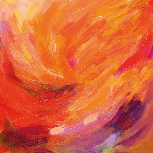Œuvre abstraite pleine de vie dans des tons orange, violet et rouge
