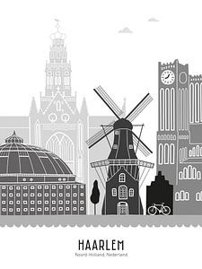 Skyline-Illustration Stadt Haarlem schwarz-weiß-grau von Mevrouw Emmer