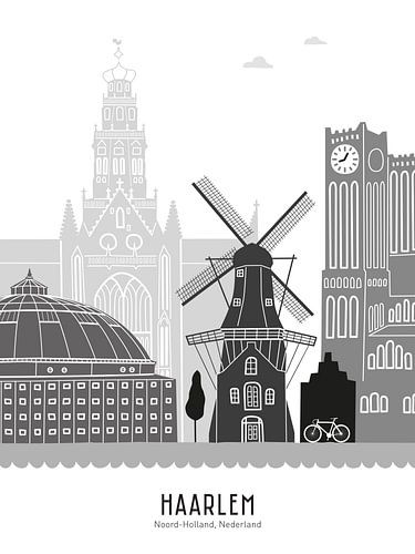 Skyline illustratie stad Haarlem zwart-wit-grijs